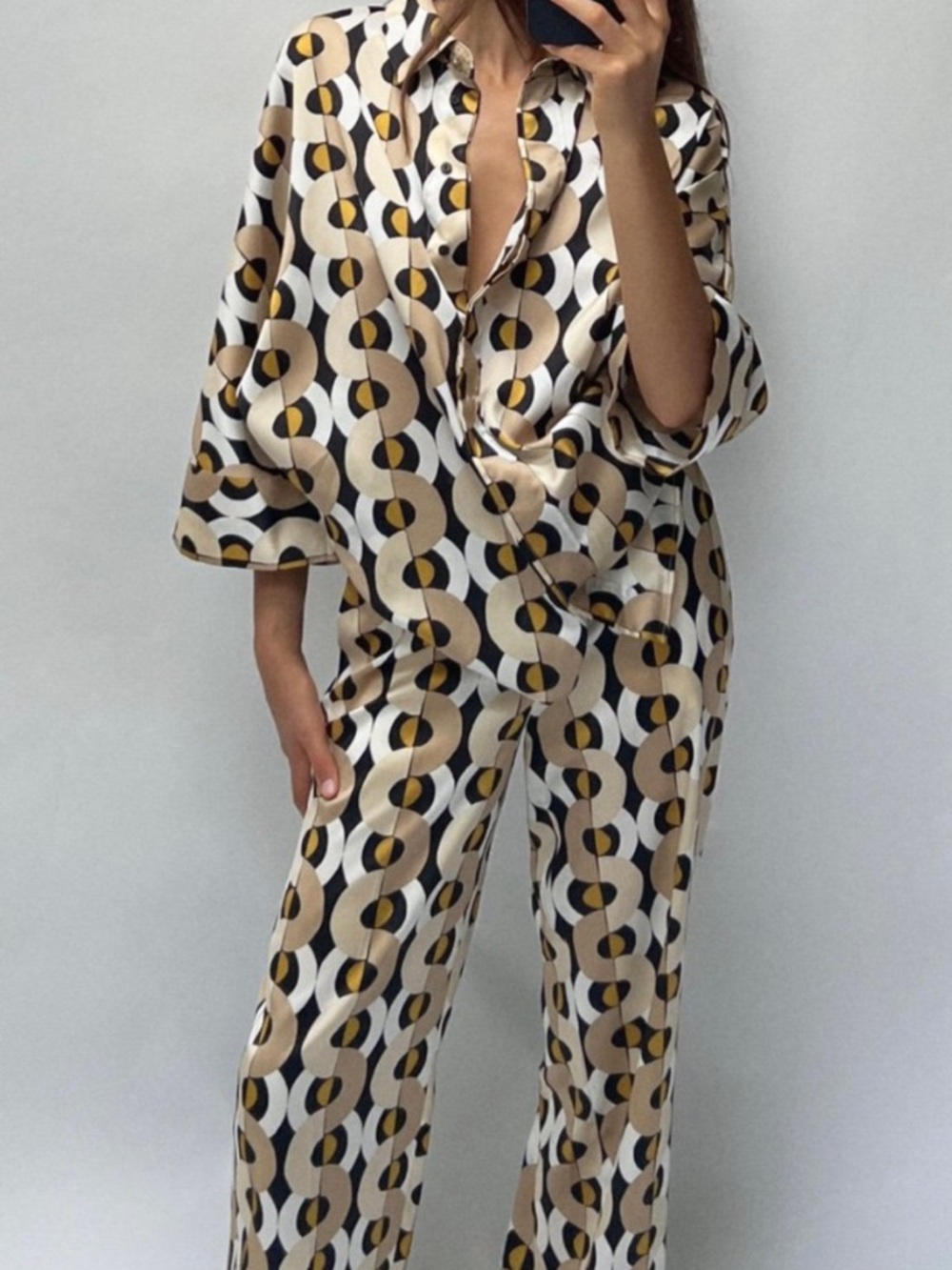 Zara Beige Black White Geometric Wide-Leg Pants and Blouse
